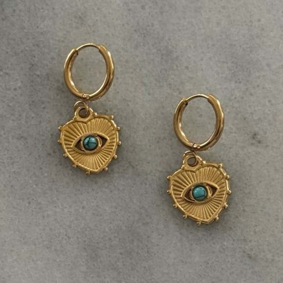 Modest Lu Jewelry - Gold Turquoise Heart Evil Eye Pendant Hoop Earrings 

Brand New